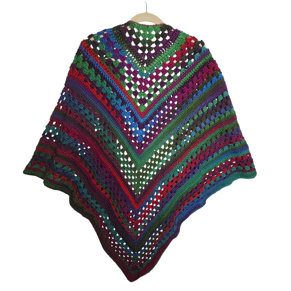 Boho Granny‎ Square Crochet Shawl Wrap Boho Multi Color Handmade Bright Colors